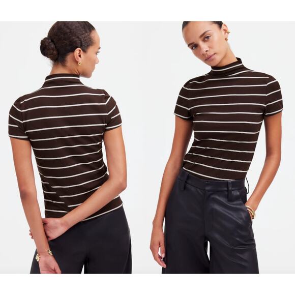 Madewell | NWT | Short-Sleeve Mockneck Tee in Stripe in Dark Carob | Sz XXS - Picture 1 of 9